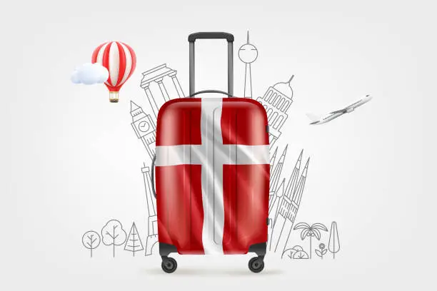 Vector illustration of Plastic travel bag with danish flag and famous world sights. 3d vector illustration