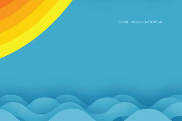 Vector illustration of Summer Background. Abstract minimal summer horizontal poster, cover, banner, card with bright sun in the blue sky and sea. Template vector stock illustration