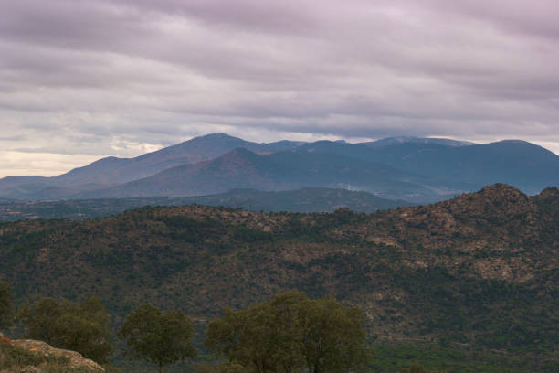 Scenic view of the iconic Lover’s Rock (Peña de los Enamorados), a unique mountain formation in Antequera, Andalusia, Spain, resembling a reclining woman’s face. The natural landmark is framed by the silhouette of a large pine tree, highlighting the harmony between landscape and legend under a Mediterranean sky.