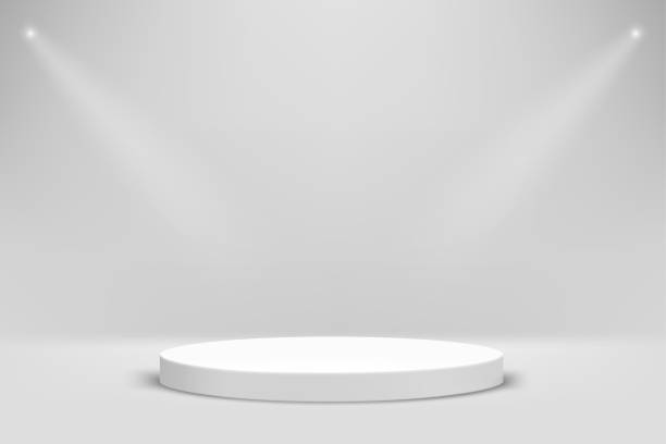 istock White room with showcase and bright lamps. Realistic showcase for product advertisement. 3d vector illustration 2042350048