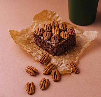Brownie sweet chocolate dessert with walnuts