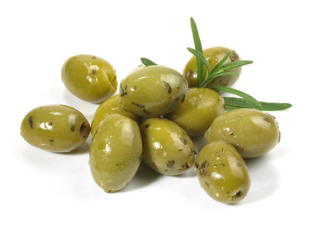 istock Green Olives with Rosemary on white Background 2042356021