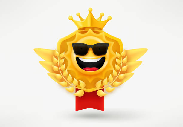ilustraciones, imágenes clip art, dibujos animados e iconos de stock de emblema dorado con emoji de sol feliz y alas. insignia 3d de logro del juego aislada sobre fondo blanco - siguiente nivel expresión