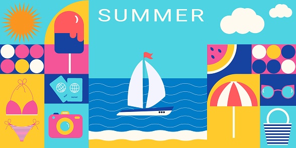 Horizontal bright background with simple geometric shapes. The concept of a summer vacation on the beach. Suitable for postcards, covers, and advertisements.