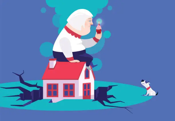Vector illustration of sad senior woman sitting on roof and holding cupcake