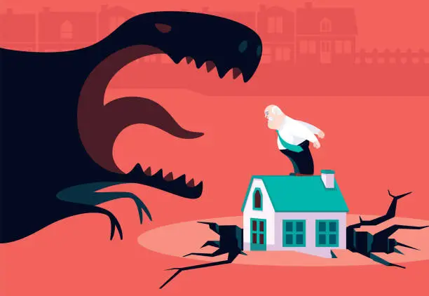 Vector illustration of angry senior man with house on cracked ground meeting dinosaur