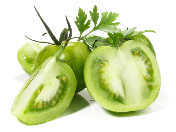 istock Green striped Tomatoes on white Background 2042361488