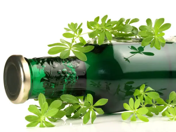 Fresh Woodruff Syrup in a Bottle on white Background - Isolated