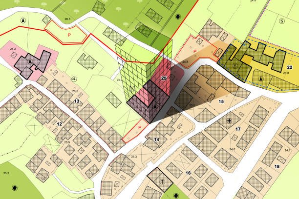 istock Imaginary cadastral map of territory with building in the center - land registry concept illustration - Note: the map background is totally invented and does not represent any real place 2042381479