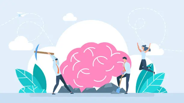 Vector illustration of Tiny people acquire knowledge. Excavation of the brain. Concept of advanced training, graduation, completion of training. Acquiring knowledge. Self-education. Learning by heart. Vector illustration