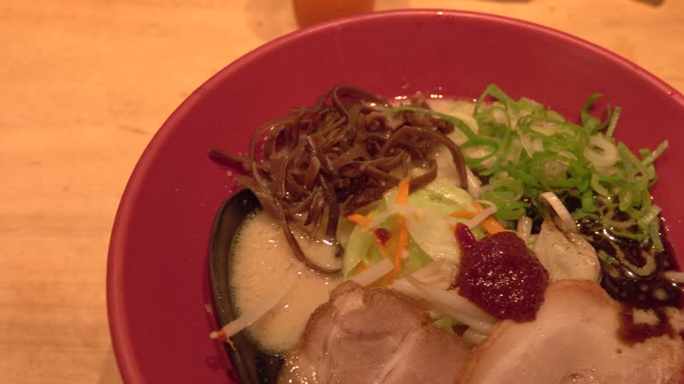 View of hot pork bone ramen on the table