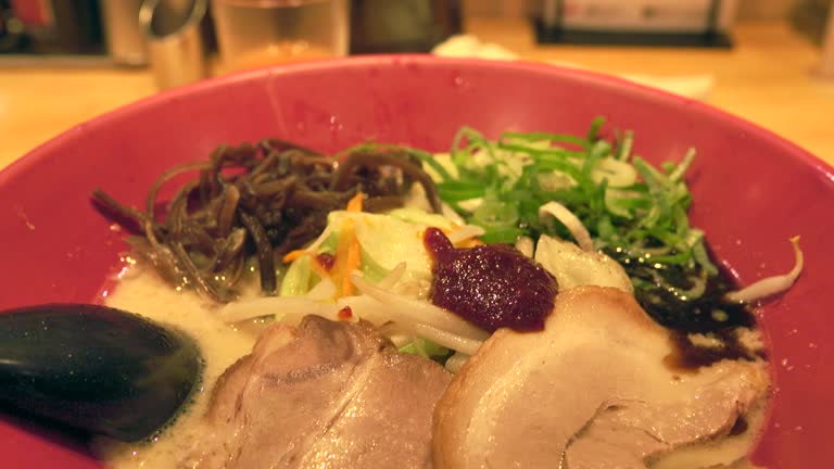 View of hot pork bone ramen on the table