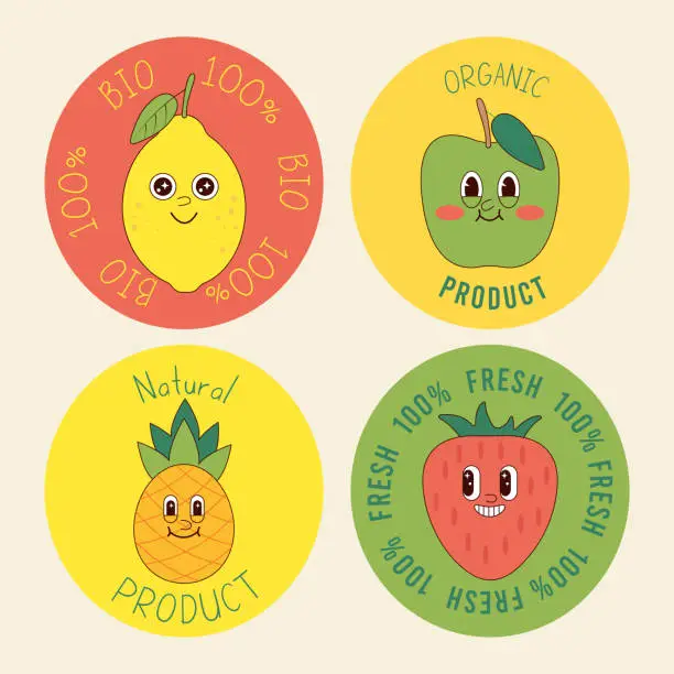 Vector illustration of Labels, stickers with cute cartoon fruits in groovy style