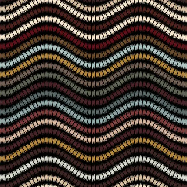 Vector illustration of Seamless striped pattern with multicolored horizontal wavy lines on a black background. Abstract geometric texture.