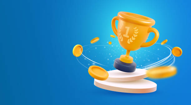 Champion cup on podium 3d vector illustration. Win prize, first place sport competition. Cartoon trophy cup on pedestal with flying coins on blue background. Champion cup on podium 3d vector illustration. Win prize, first place sport competition. Cartoon trophy cup on pedestal with flying coins on blue background blue cup stock illustrations