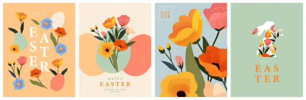 Vector illustration of Happy Easter Set of greeting cards, posters, holiday covers. Trendy design with typography, spring hand drawn flowers, dots, eggs and bunny in pastel colors. Modern art minimalist style.