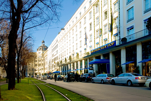 Munich, Bavaria, Germany, March 18th 2007, Hotel Bayerischer Hof Promenadeplatz with tram line