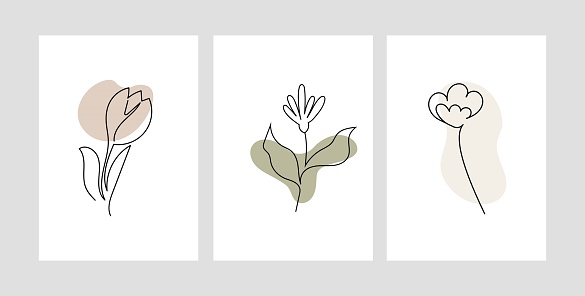 Line art minimalistic floral poster collection. Vector design in pastel colors.
