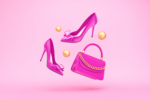 Vivid purple women's handbag and shoes flying over pink background. Fashion concept. 3D rendering