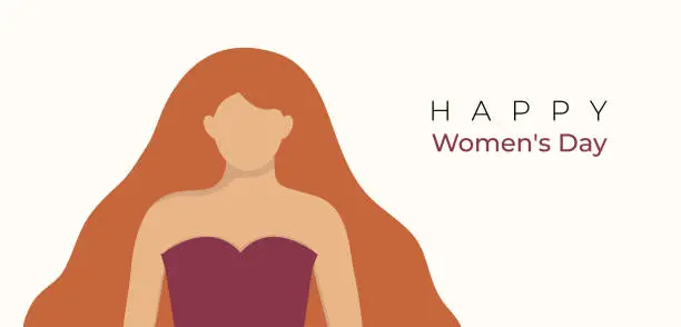 Vector illustration of Happy international women's day 8 march banner. Beautiful girl with long hair in faceless style.