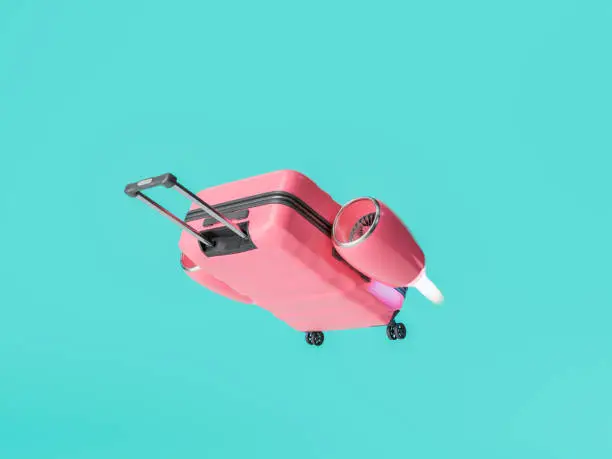 3D rendering of a pink suitcase with a jet engine against a turquoise background, symbolizing speed, efficiency, and the modern traveler's lifestyle.