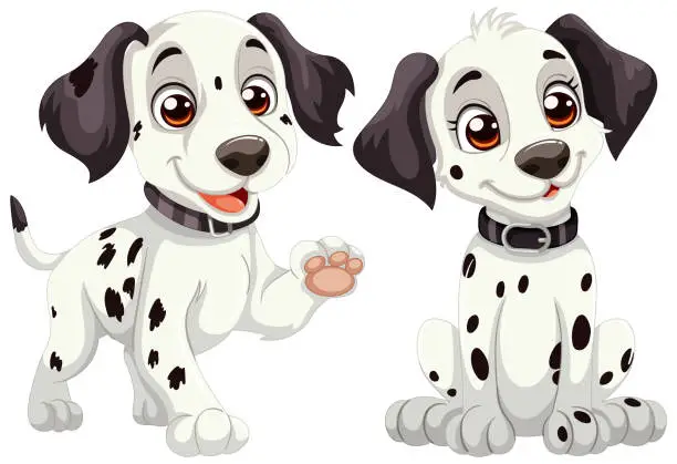 Vector illustration of Two cartoon Dalmatian puppies with happy expressions
