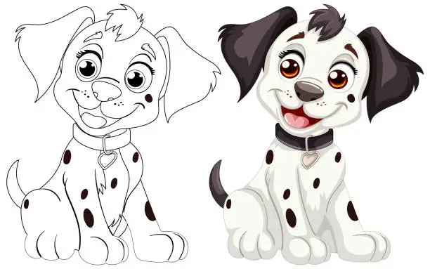Vector illustration of Two cartoon Dalmatian puppies smiling happily.