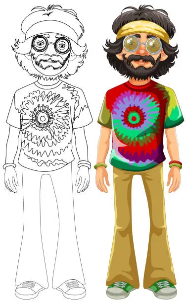 Vector illustration of Colorful and black-and-white hippie characters side by side.