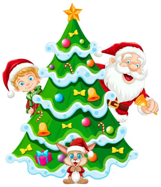 Vector illustration of Cartoon Santa, elf, and reindeer by a decorated tree.