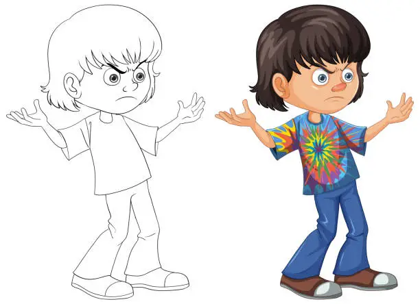 Vector illustration of Cartoon boy with a puzzled expression in color and outline.