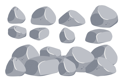 Set of stones. Gray cobblestone. Element of nature and mountains. Items for decoration and background. Flat cartoon. Boulder cobble debris. Block granite material.