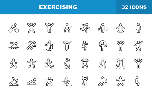 Exercising Line Icons. Editable Stroke. Contains such icons as Running, Cycling, Yoga, Weightlifting, Stretching, Soccer, Football, Tennis, Basketball, Fighting, Aerobics, Bodybuilding, Walking.