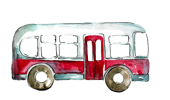 Retro bus for the city. A white, streamlined bus with rounded windows and an elongated door, a red stripe and brown wheels. Hand drawn watercolor illustration isolated on white background.