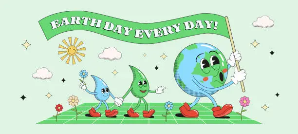 Vector illustration of Earth Day banner with groovy Earth, leaf and water drop characters holding a ribbon with text greeting. Vector illustration.