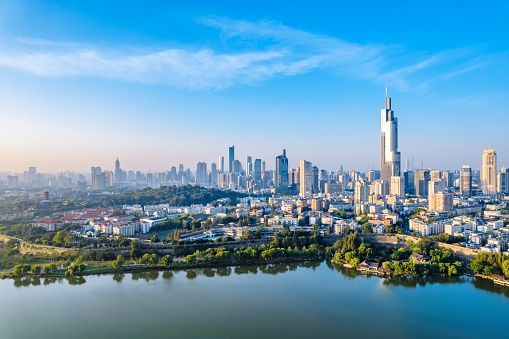 Aerial view of xuanwu lake and city skyline in Nanjing, Jiangsu Province, China