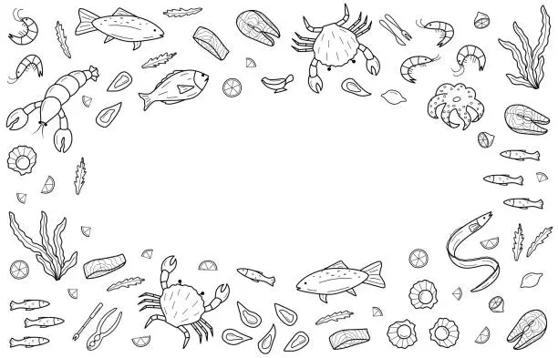 Vector illustration of Seafood is a set of doodle icons. Vector illustration of seafood and cuisine.