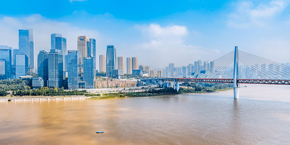 High angle view scenery of Qiansimen Bridge and skysrapers in Chongqing, China