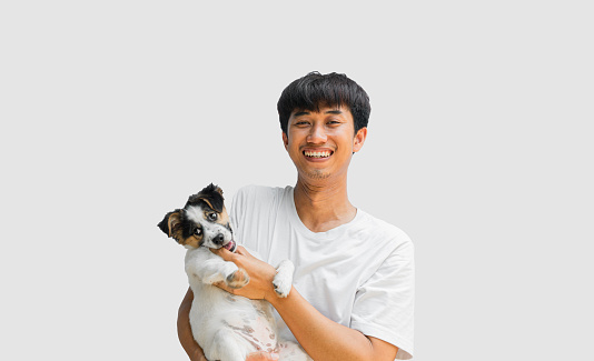 A young Asian man in his 20s wearing a white t-shirt holding puppy happily isolated on gray background.