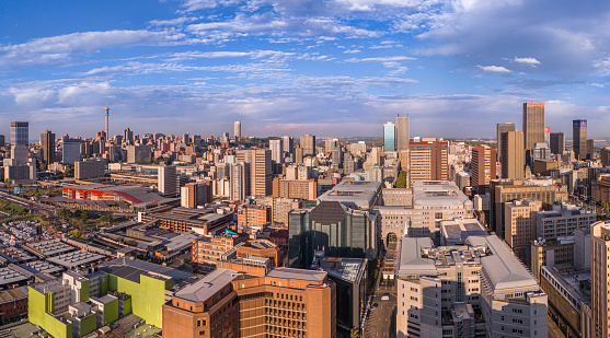 Johannesburg cityscape seen from Newtown and the Johannesburg old Stock Exchange building, south west of the city centre.  Johannesburg is also known as Jozi, Jo'burg or eGoli, is the largest city in South Africa.