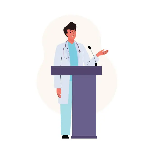 Vector illustration of Male medical doctor standing at podium and giving a speech at a medicine conference. Presentation scientific research