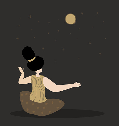 Woman astrologist,fortune-teller making a prediction,forecasting ritual.Esoterics Witch.Sacred Female Power. Empowerment Energy.Flyer,Promo,Banner,Place for text,Advertisement,Flat Vector Illustration