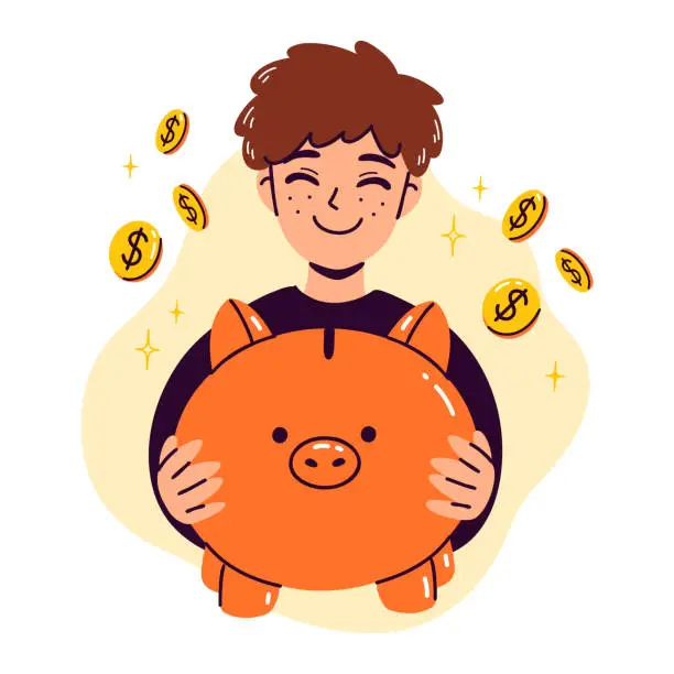 Vector illustration of Flat vector illustration of cartoon smiling boy holding a piggy bank in hands.