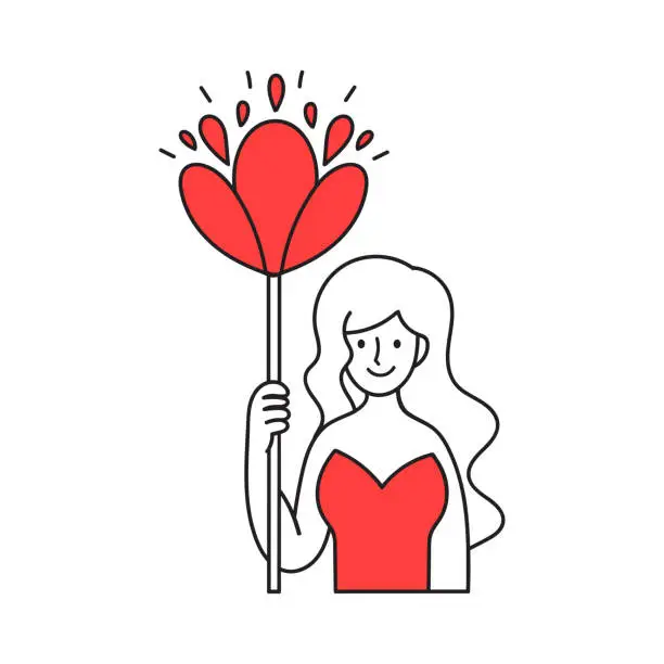 Vector illustration of Vector doodle young woman in red dress holding big red flower in hand.