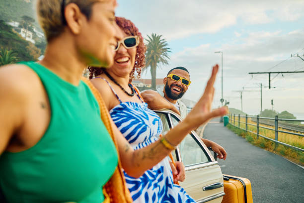 istock Happy group of friends on a weekend getaway 2042538763