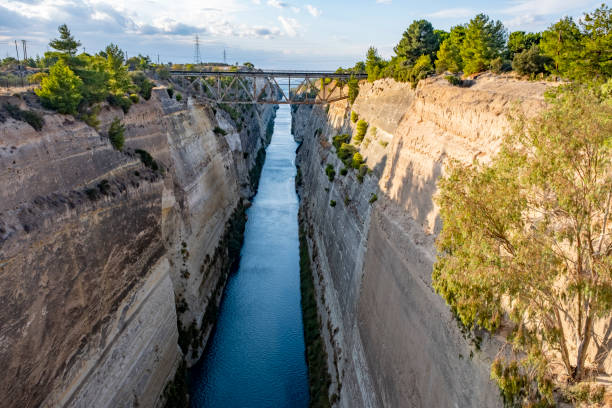 Nautical vessel sailing through the Corinth Canal, Corinthia region, Greece, Europe