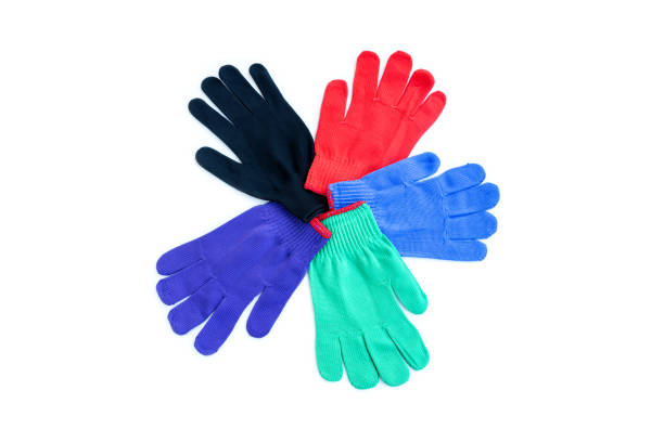 Multicolored fabric gloves isolated on white background, Fabric cotton gloves