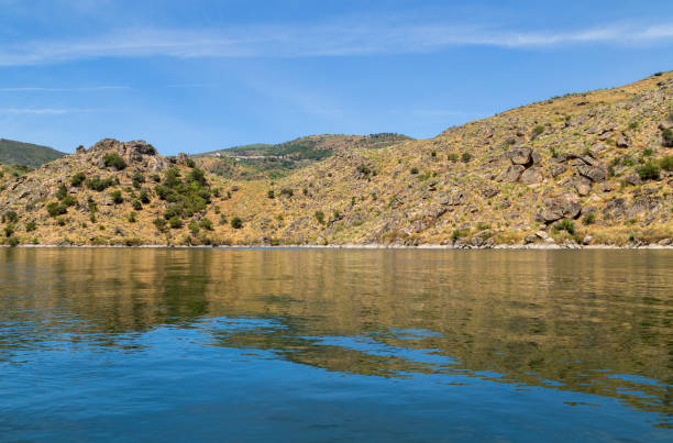 River Douro flowing through narrow rocky gorge in Portugal. Douro Region.