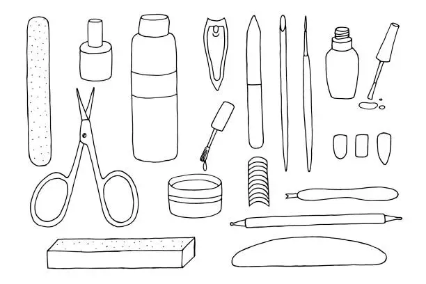 Vector illustration of Set of items for manicure. Vector doodle illustration of manicure accessories. Nail polish, file, apricot stick, dots. Black and white contour drawing of isolated nail care products.