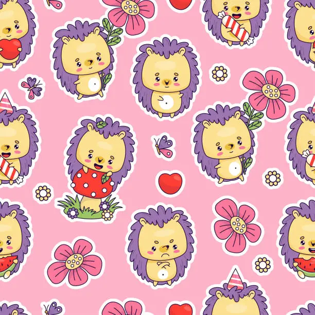 Vector illustration of Seamless pattern with cute hedgehogs with fly agaric mushroom, butterflies and flowers on pink background. Vector illustration with funny cartoon kawaii animals. Kids collection.