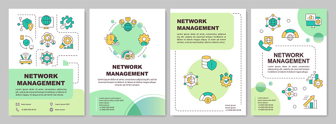 Network management green circle brochure template. Leaflet design with linear icons. Editable 4 vector layouts for presentation, annual reports. Arial-Bold, Myriad Pro-Regular fonts used